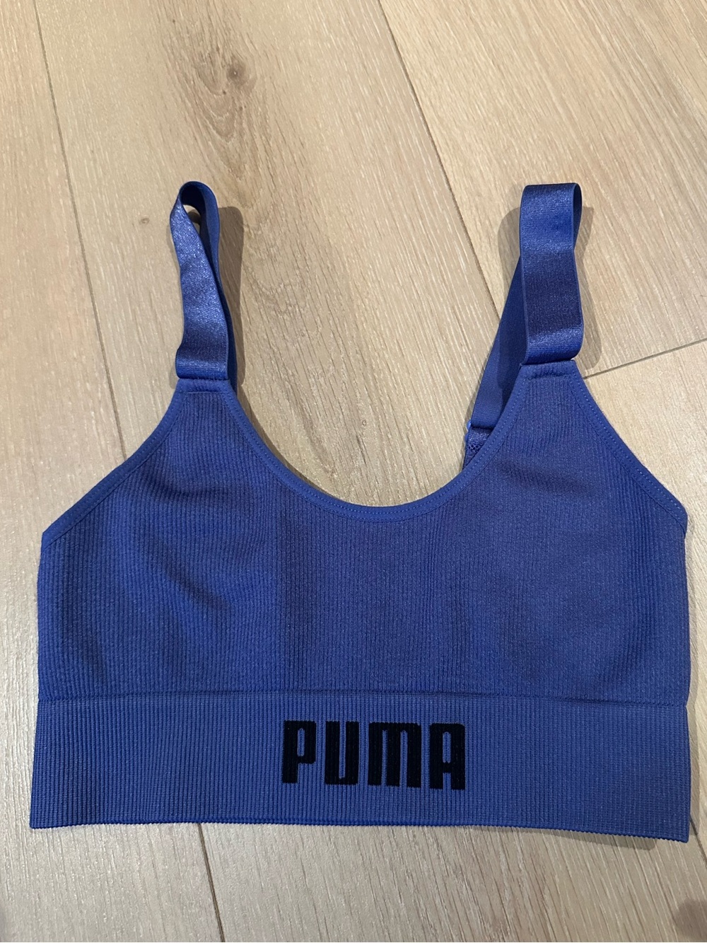 Puma Periwinkle Ribbed Sports Bra with Black Logo